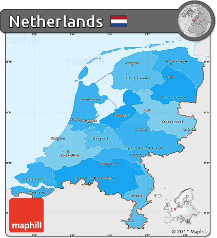 Political Shades Simple Map of Netherlands, single color outside