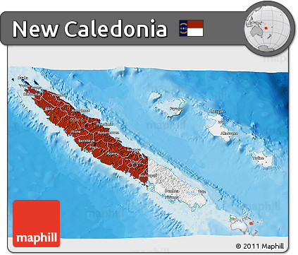 Flag 3D Map of New Caledonia, physical outside, bathymetry sea, flag aligned to the middle