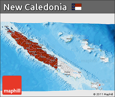 Flag 3D Map of New Caledonia, physical outside, bathymetry sea, flag aligned to the middle