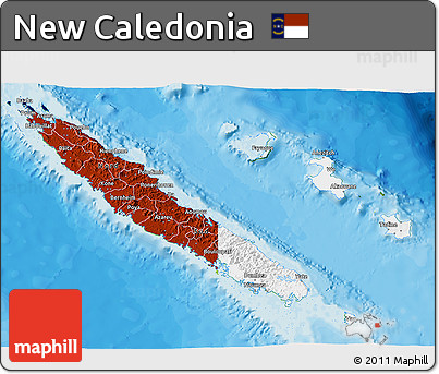 Flag 3D Map of New Caledonia, physical outside, bathymetry sea, flag aligned to the middle