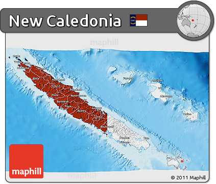 Flag 3D Map of New Caledonia, physical outside, flag aligned to the middle
