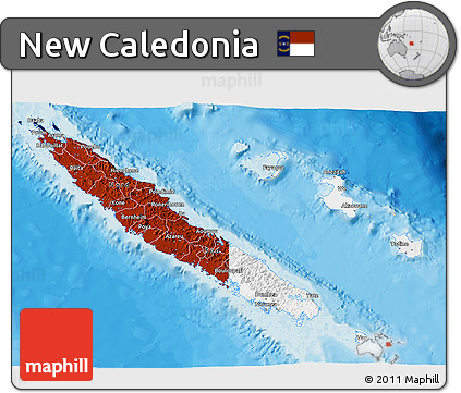 Flag 3D Map of New Caledonia, shaded relief outside, bathymetry sea, flag aligned to the middle