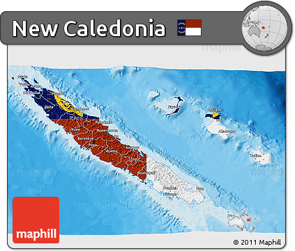 Flag 3D Map of New Caledonia, shaded relief outside, bathymetry sea, flag rotated