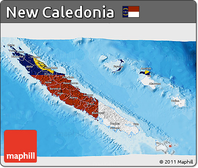 Flag 3D Map of New Caledonia, shaded relief outside, bathymetry sea, flag rotated