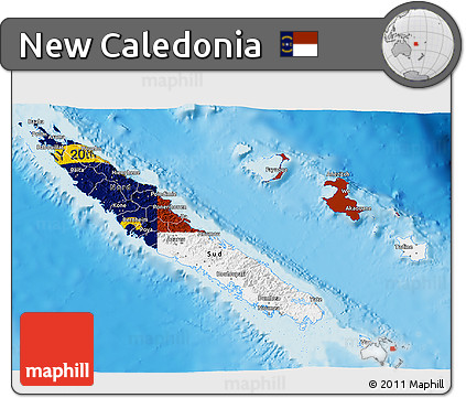 Flag 3D Map of New Caledonia, shaded relief outside, flag centered