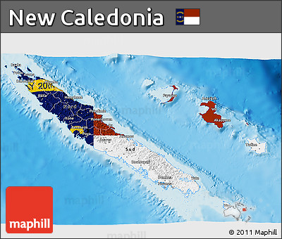Flag 3D Map of New Caledonia, shaded relief outside, flag centered