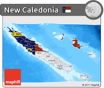Flag 3D Map of New Caledonia, single color outside, bathymetry sea, flag centered