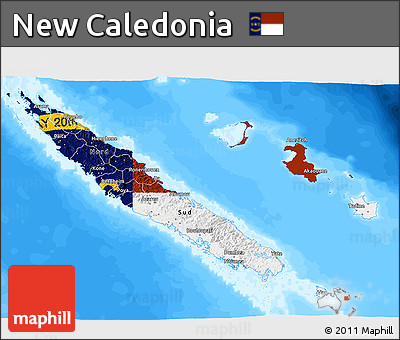 Flag 3D Map of New Caledonia, single color outside, bathymetry sea, flag centered