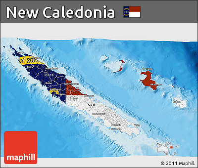 Flag 3D Map of New Caledonia, single color outside, bathymetry sea, shaded relief sea, flag centered