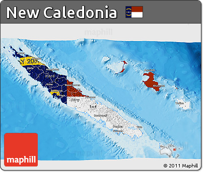 Flag 3D Map of New Caledonia, single color outside, bathymetry sea, shaded relief sea, flag centered