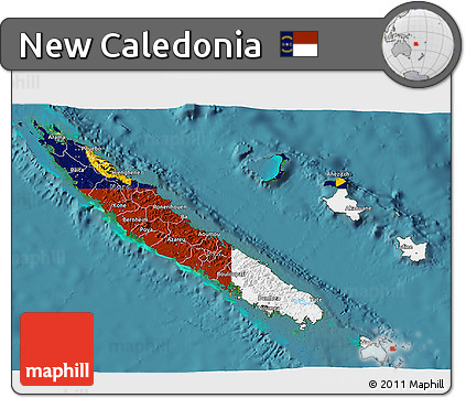 Flag 3D Map of New Caledonia, single color outside, satellite sea, flag rotated