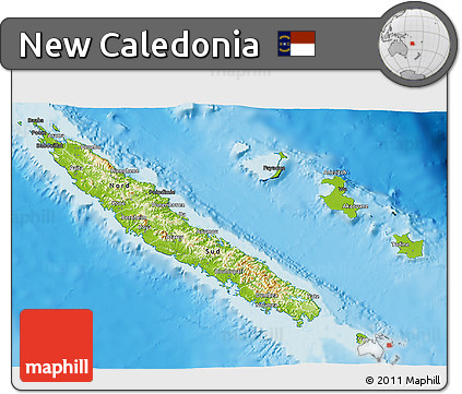 Physical 3D Map of New Caledonia, darken, semi-desaturated, land only