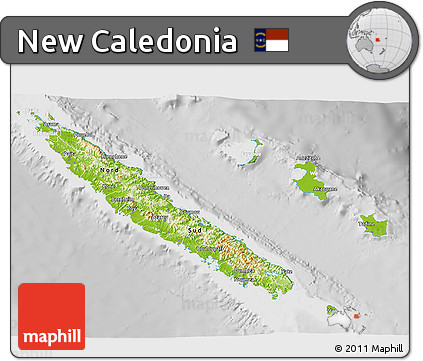 Physical 3D Map of New Caledonia, lighten, desaturated