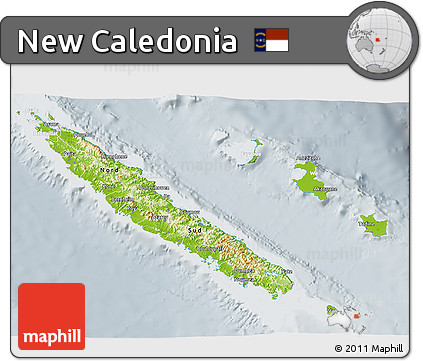 Physical 3D Map of New Caledonia, lighten, semi-desaturated