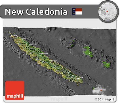 Satellite 3D Map of New Caledonia, darken, desaturated
