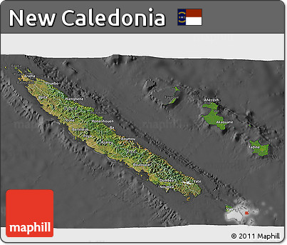 Satellite 3D Map of New Caledonia, darken, desaturated