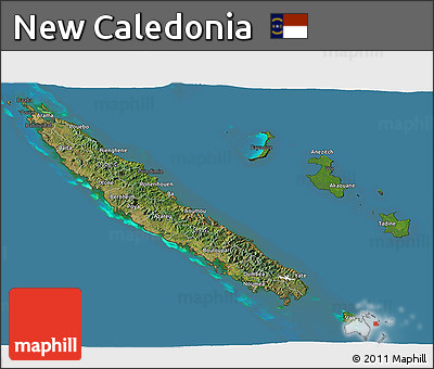 Satellite 3D Map of New Caledonia, darken, desaturated, land only