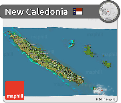Satellite 3D Map of New Caledonia, darken, desaturated, land only