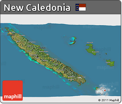 Satellite 3D Map of New Caledonia, darken, desaturated, land only