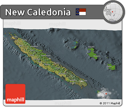 Satellite 3D Map of New Caledonia, darken, semi-desaturated