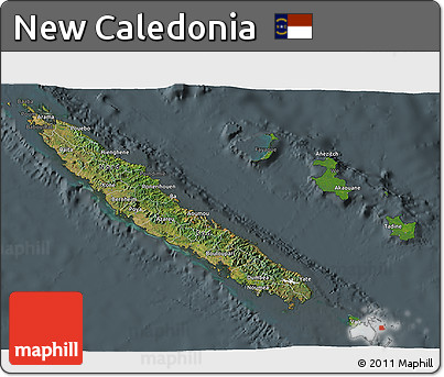 Satellite 3D Map of New Caledonia, darken, semi-desaturated