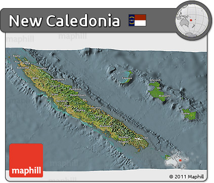 Satellite 3D Map of New Caledonia, semi-desaturated