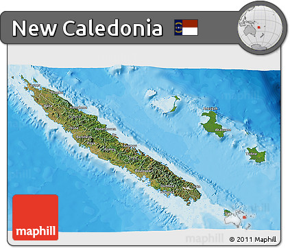 Satellite 3D Map of New Caledonia, single color outside, bathymetry sea, shaded relief sea