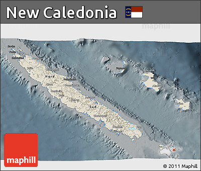 Shaded Relief 3D Map of New Caledonia, darken, semi-desaturated