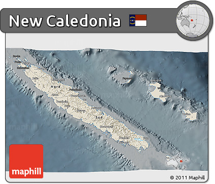 Shaded Relief 3D Map of New Caledonia, darken, semi-desaturated