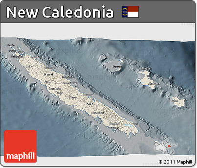 Shaded Relief 3D Map of New Caledonia, darken, semi-desaturated