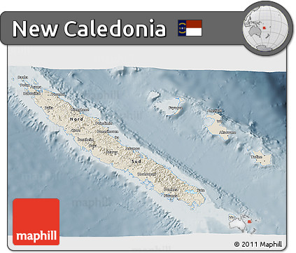 Shaded Relief 3D Map of New Caledonia, semi-desaturated