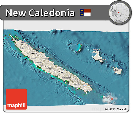 Shaded Relief 3D Map of New Caledonia, single color outside, satellite sea
