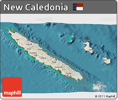 Shaded Relief 3D Map of New Caledonia, single color outside, satellite sea