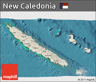 Shaded Relief 3D Map of New Caledonia, single color outside, satellite sea