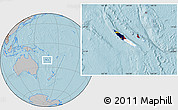 Flag Location Map of New Caledonia, gray outside, hill shading outside