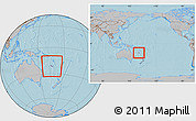 Gray Location Map of New Caledonia, within the entire continent, hill shading