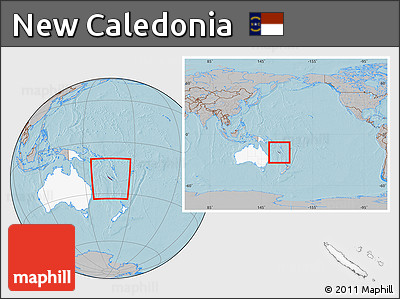 Gray Location Map of New Caledonia, highlighted continent, within the entire continent, hill shading