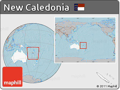 Gray Location Map of New Caledonia, highlighted continent, within the entire continent, hill shading