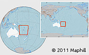 Gray Location Map of New Caledonia, highlighted continent, within the entire continent, hill shading