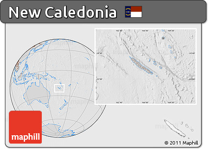 Gray Location Map of New Caledonia, lighten, desaturated, hill shading