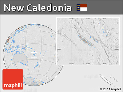 Gray Location Map of New Caledonia, lighten, desaturated, hill shading