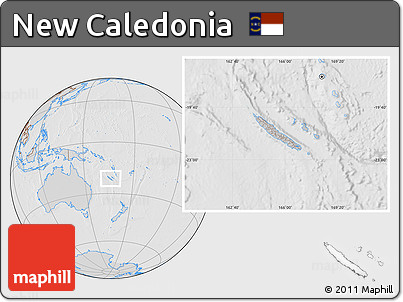 Gray Location Map of New Caledonia, lighten, desaturated, hill shading