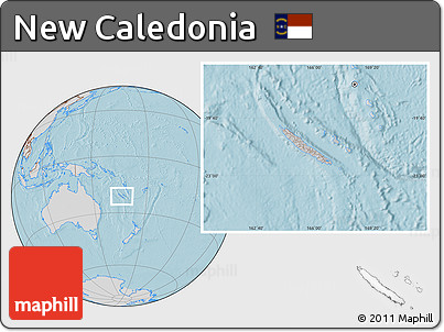 Gray Location Map of New Caledonia, lighten, desaturated, land only, hill shading