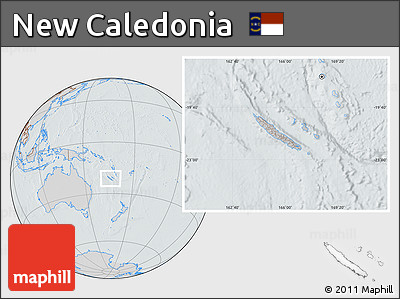 Gray Location Map of New Caledonia, lighten, semi-desaturated, hill shading