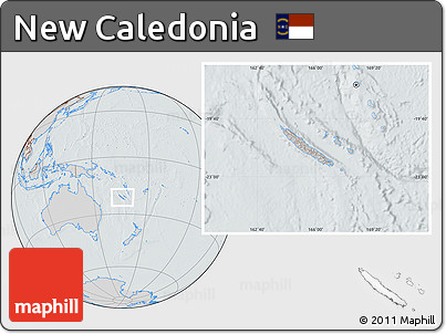 Gray Location Map of New Caledonia, lighten, semi-desaturated, hill shading