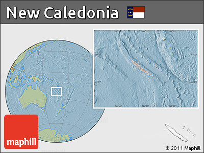Gray Location Map of New Caledonia, savanna style outside, hill shading