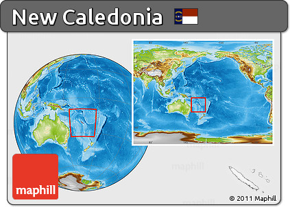 Physical Location Map of New Caledonia, within the entire continent