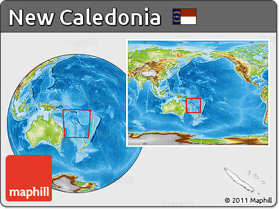 Physical Location Map of New Caledonia, within the entire continent