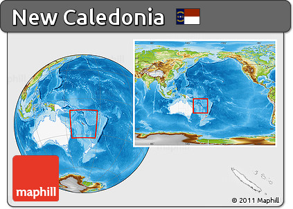 Physical Location Map of New Caledonia, highlighted continent, within the entire continent