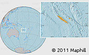 Political Location Map of New Caledonia, gray outside, hill shading